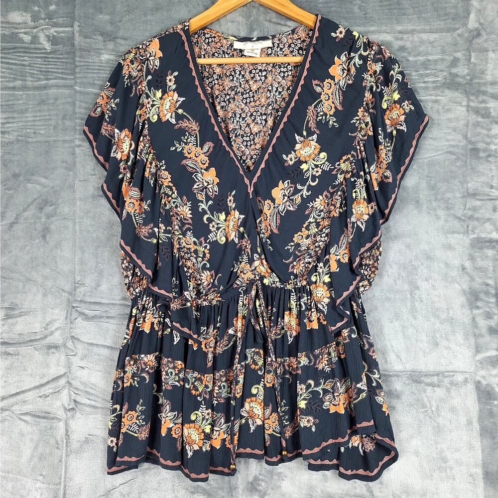 Floral V-Neck Blouse - Navy and Orange